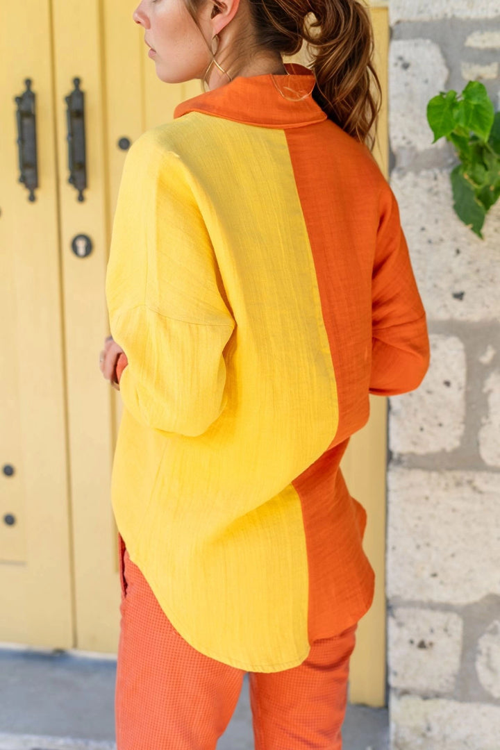 Orange Muslin Color Block Oversized Shirt BCBSK-25700-3458 - Xico