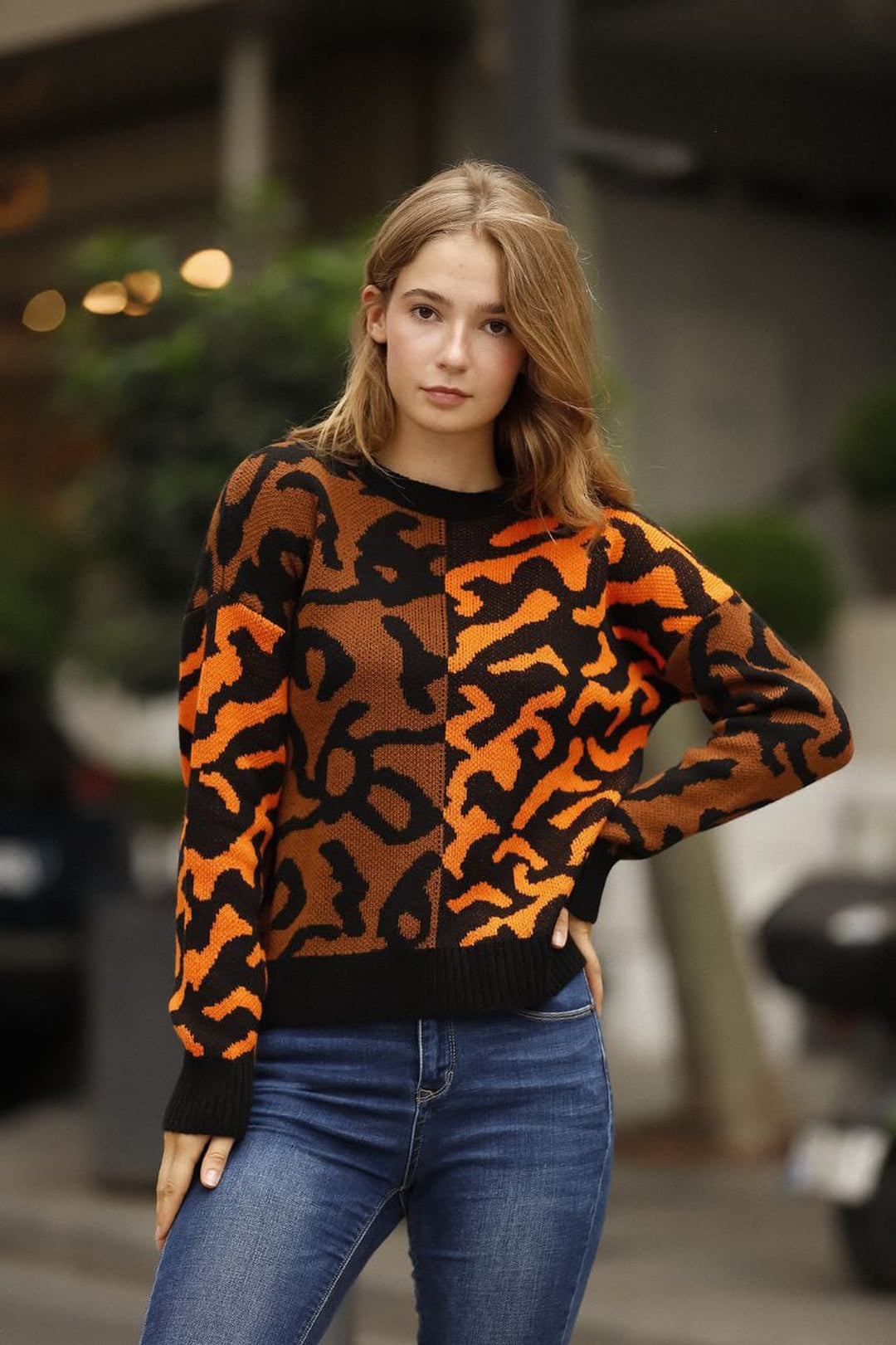 Orange Color Block Patterned Winter Sweater BCES-253014 - Iaşi