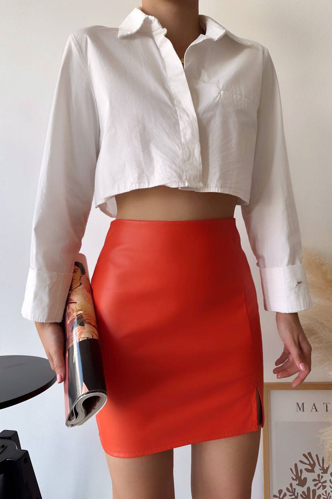 Orange Faux Leather Skirt with a Single Slit BCHN-2526475 - Worms