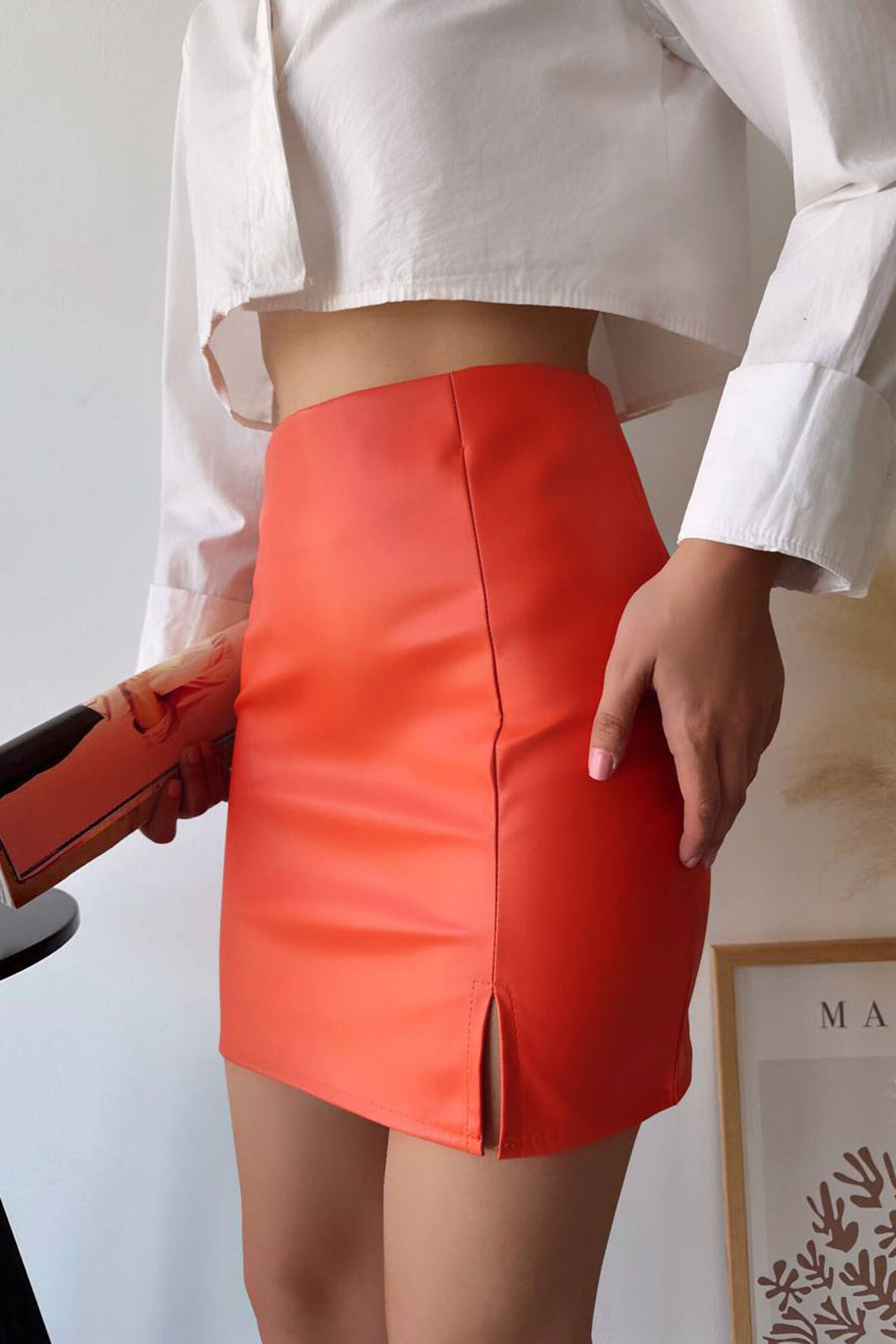 Orange Faux Leather Skirt with a Single Slit BCHN-2526475 - Worms