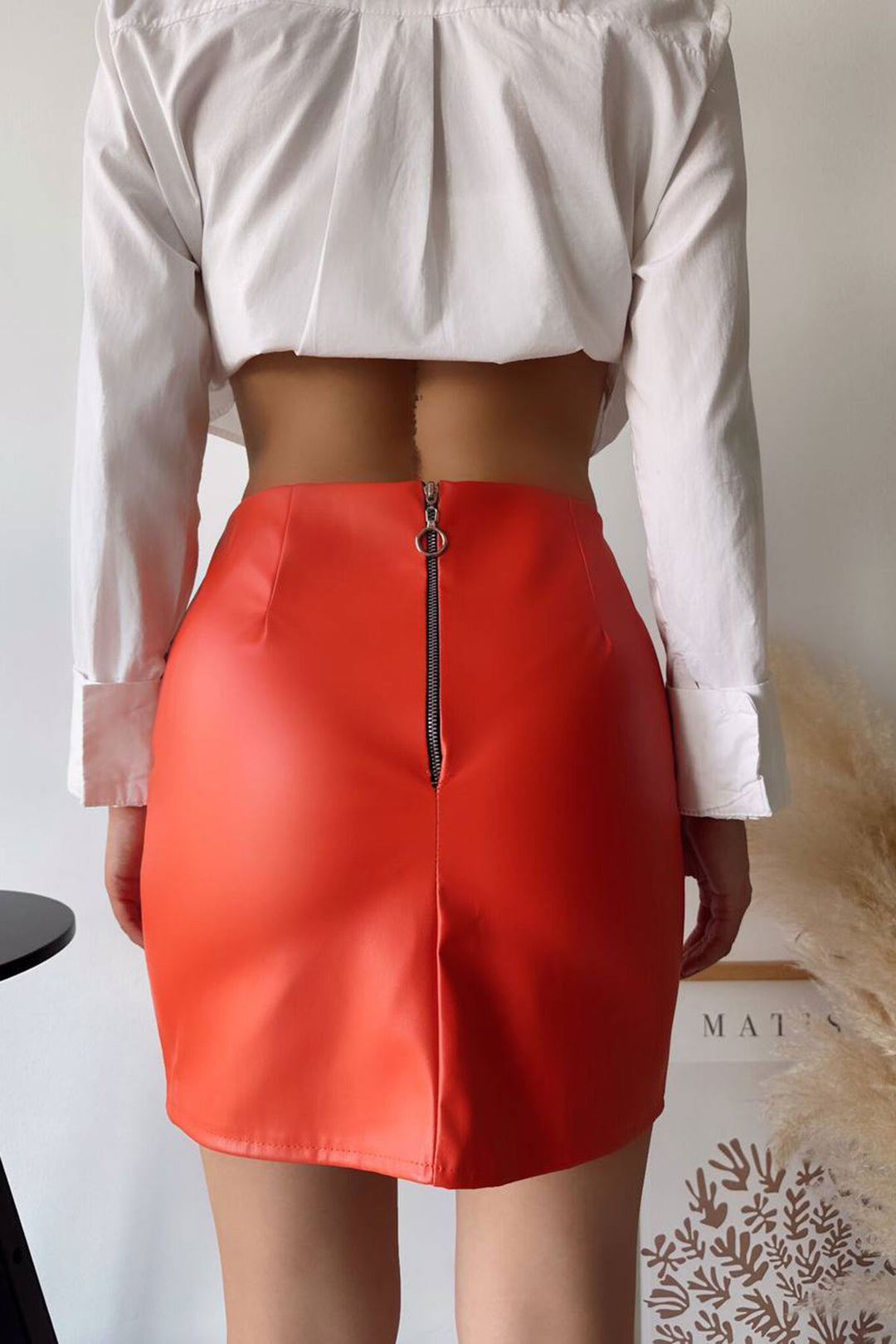 Orange Faux Leather Skirt with a Single Slit BCHN-2526475 - Worms