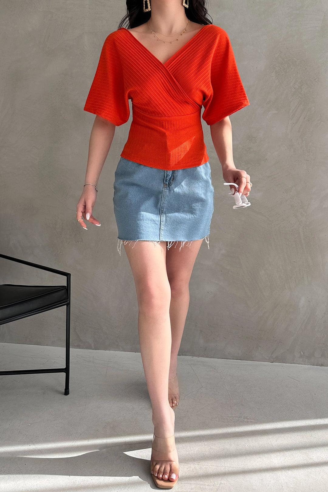 Orange V-Neck Back Cross Striped Ribbed Blouse BCDF-252177 - Jurupa Valley