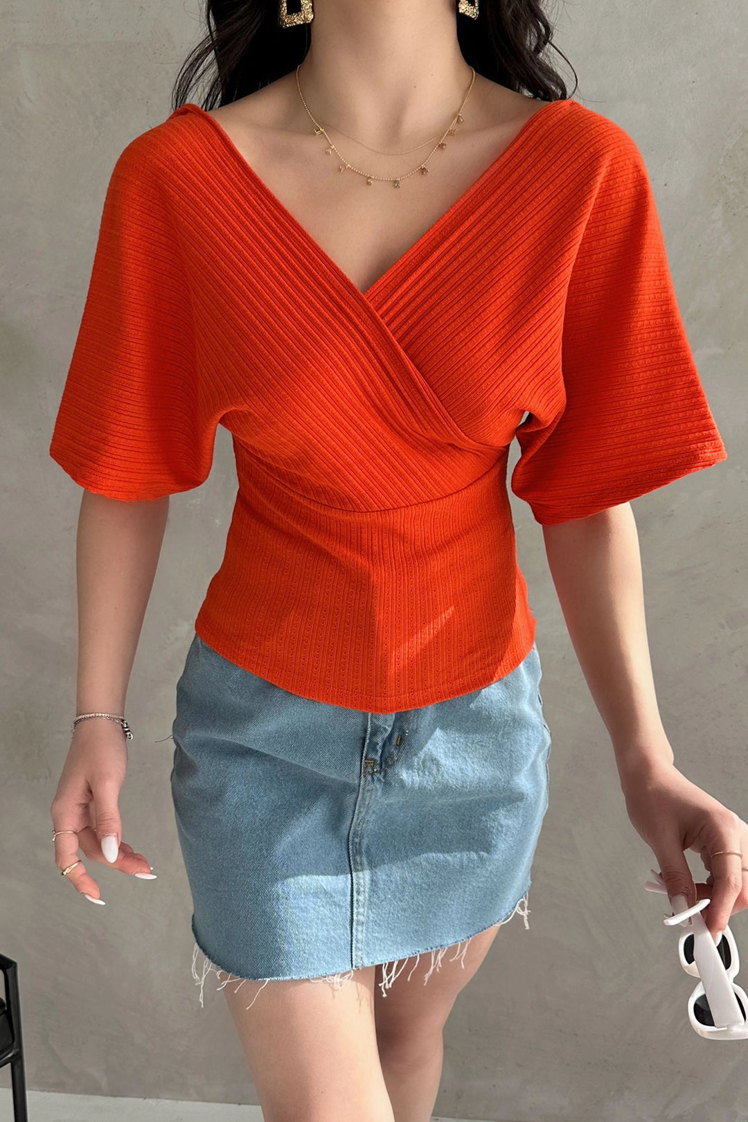 Orange V-Neck Back Cross Striped Ribbed Blouse BCDF-252177 - Jurupa Valley