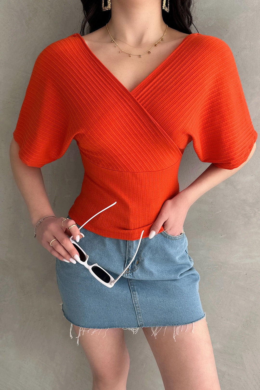 Orange V-Neck Back Cross Striped Ribbed Blouse BCDF-252177 - Jurupa Valley