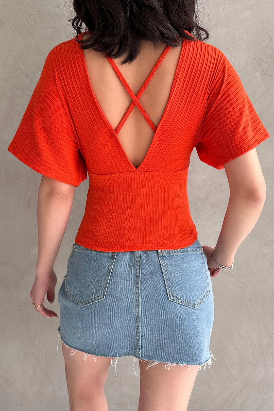 Orange V-Neck Back Cross Striped Ribbed Blouse BCDF-252177 - Jurupa Valley