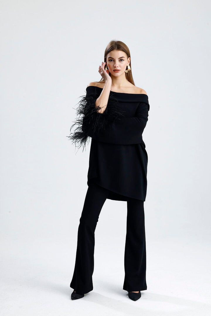 SNS Sense Black Feather Detailed Open Shoulder Black Blouse and Pants Set - Stylish and Modern Women's Set - Georgetown