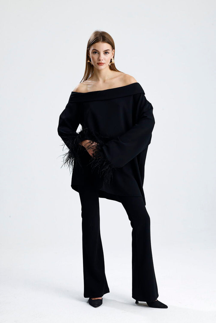 SNS Sense Black Feather Detailed Open Shoulder Black Blouse and Pants Set - Stylish and Modern Women's Set - Georgetown