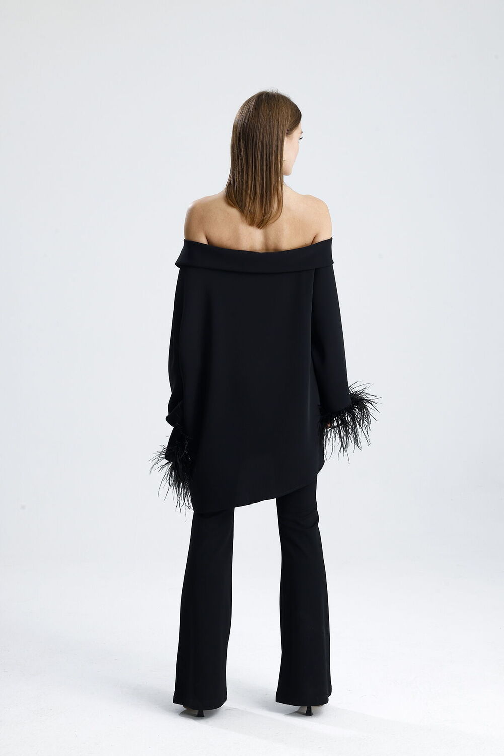 SNS Sense Black Feather Detailed Open Shoulder Black Blouse and Pants Set - Stylish and Modern Women's Set - Georgetown