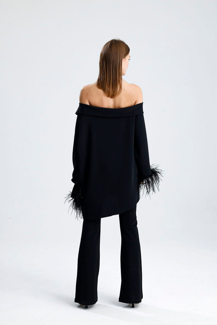 SNS Sense Black Feather Detailed Open Shoulder Black Blouse and Pants Set - Stylish and Modern Women's Set - Georgetown