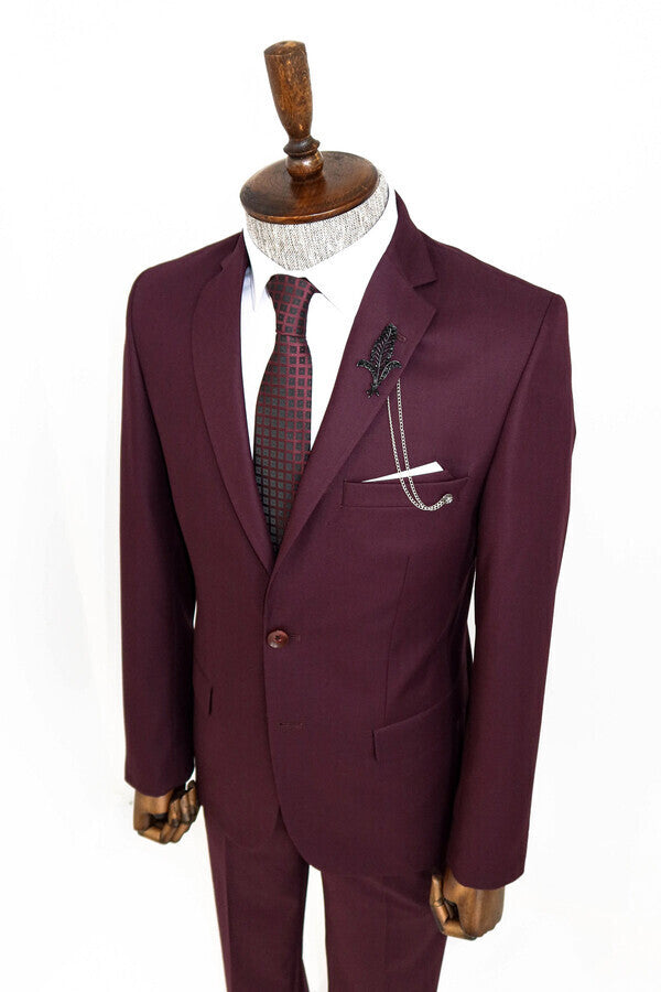 WSS Two Buttons Two Piece Burgundy Men Suit  - Whitley Bay