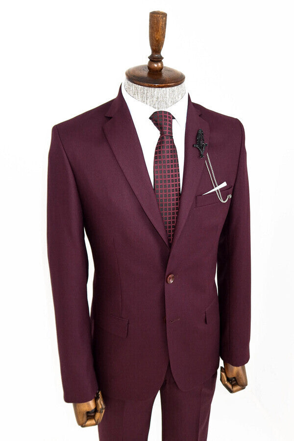 WSS Two Buttons Two Piece Burgundy Men Suit  - Whitley Bay