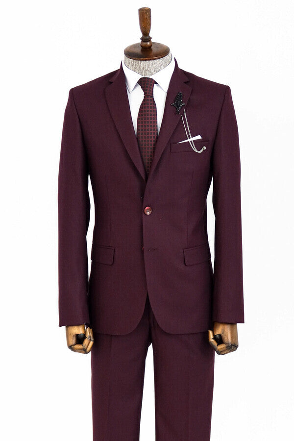 WSS Two Buttons Two Piece Burgundy Men Suit  - Whitley Bay