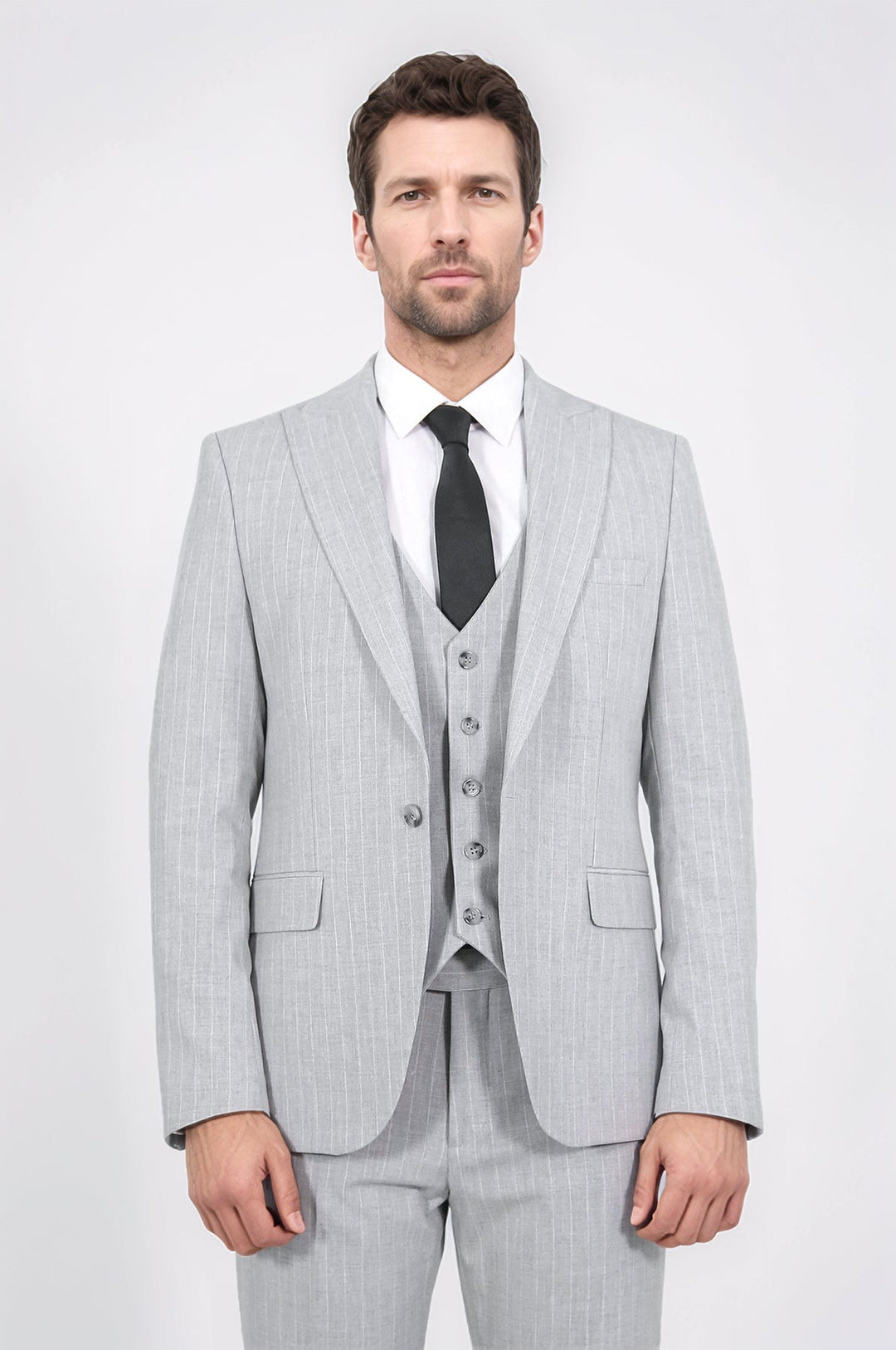 WSS Pinstripe Single Button Vested Light Grey Men's Suit –  - El Puerto de Santa María