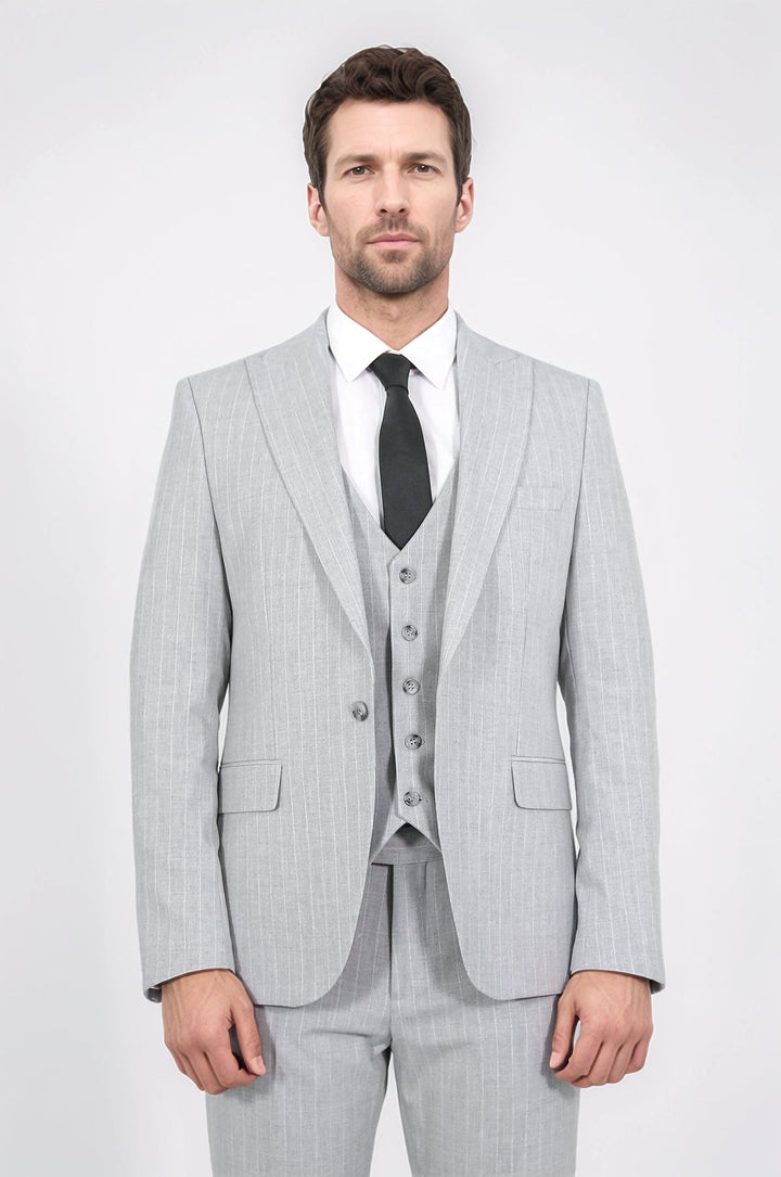 WSS Pinstripe Single Button Vested Light Grey Men's Suit –  - El Puerto de Santa María