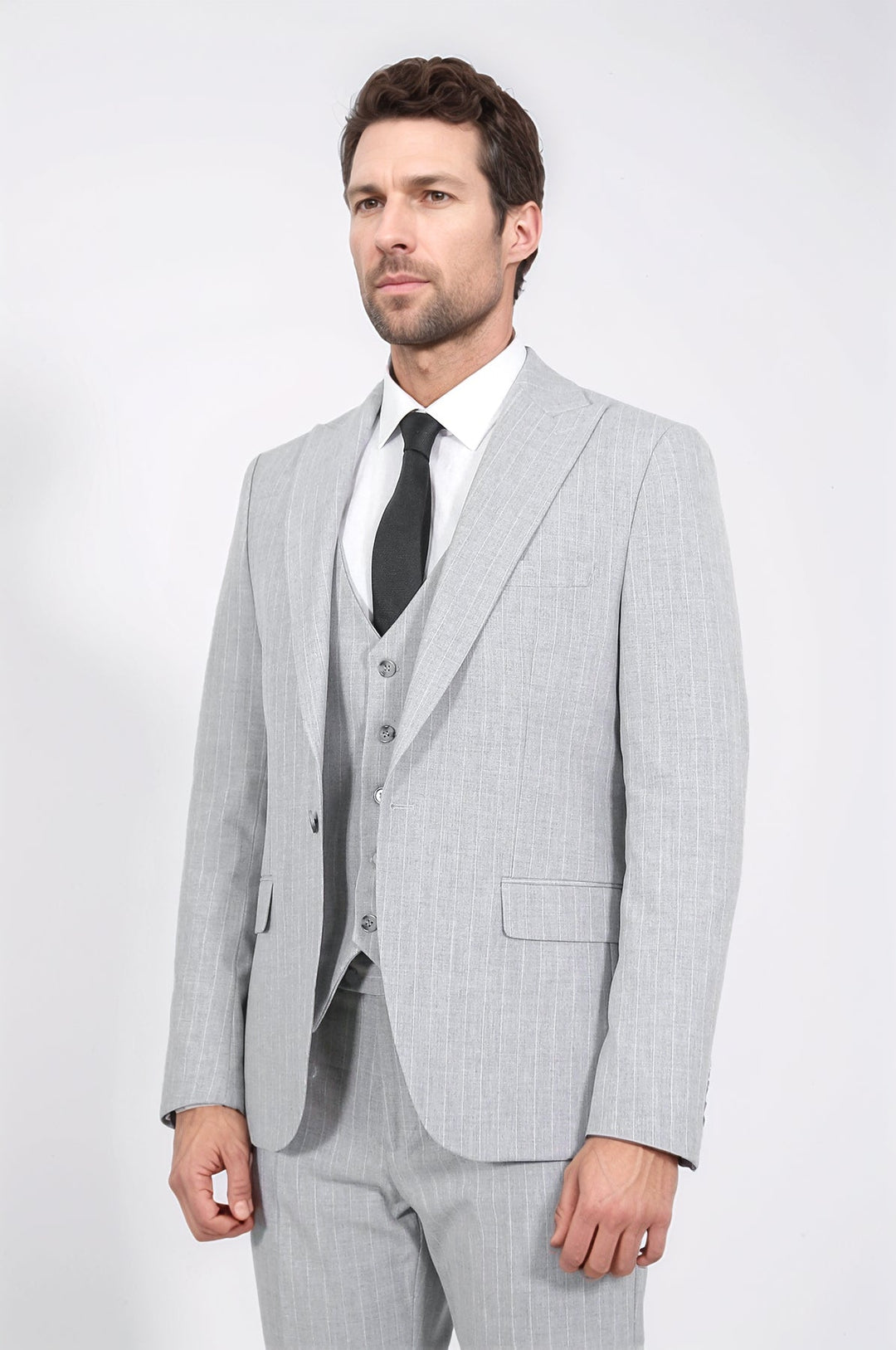 WSS Pinstripe Single Button Vested Light Grey Men's Suit –  - El Puerto de Santa María