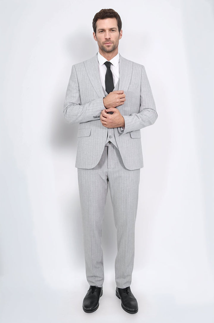WSS Pinstripe Single Button Vested Light Grey Men's Suit –  - El Puerto de Santa María