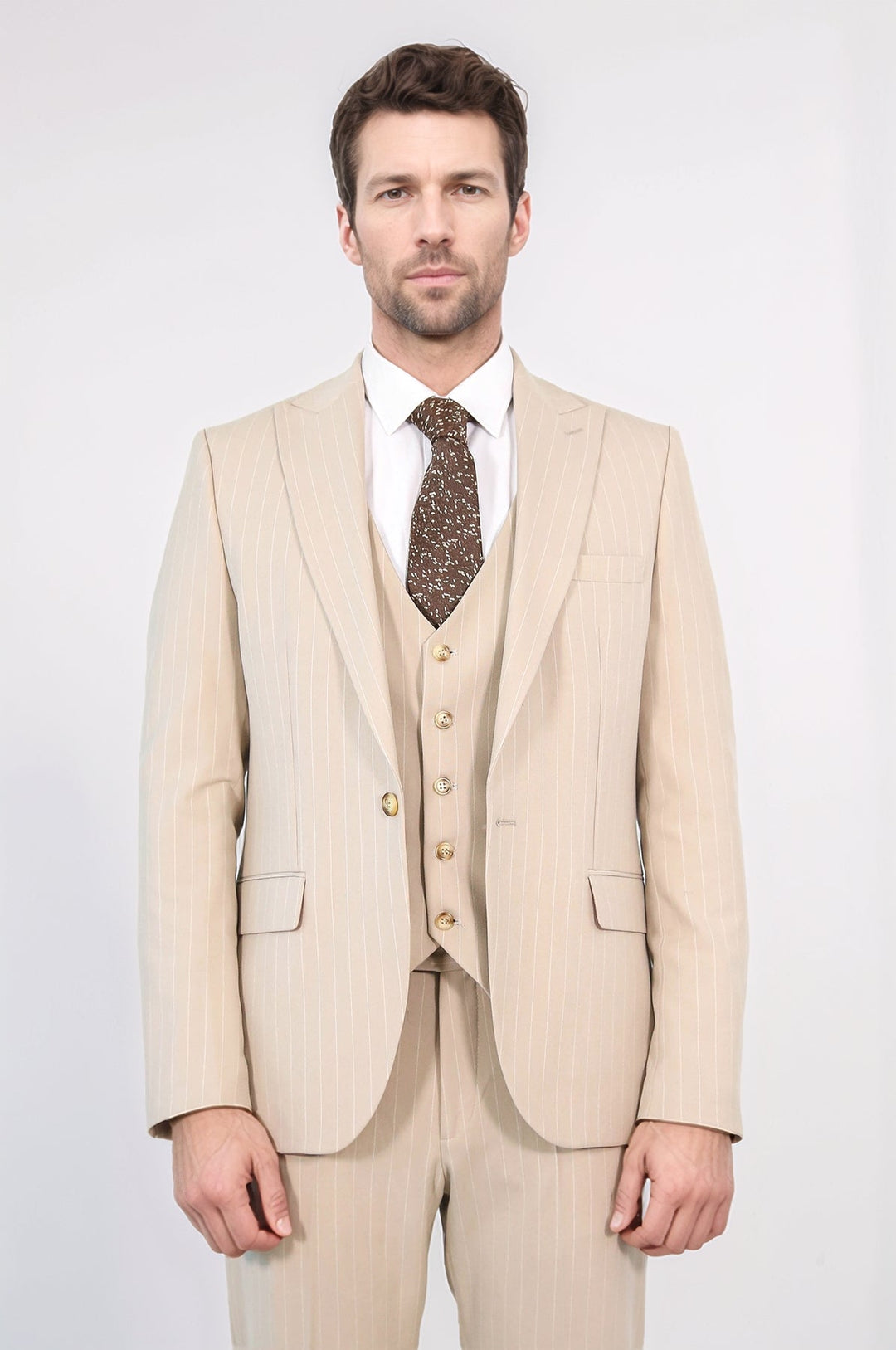 WSS Pinstripe Single Button Vested Cream Men's Suit –  - Burleson