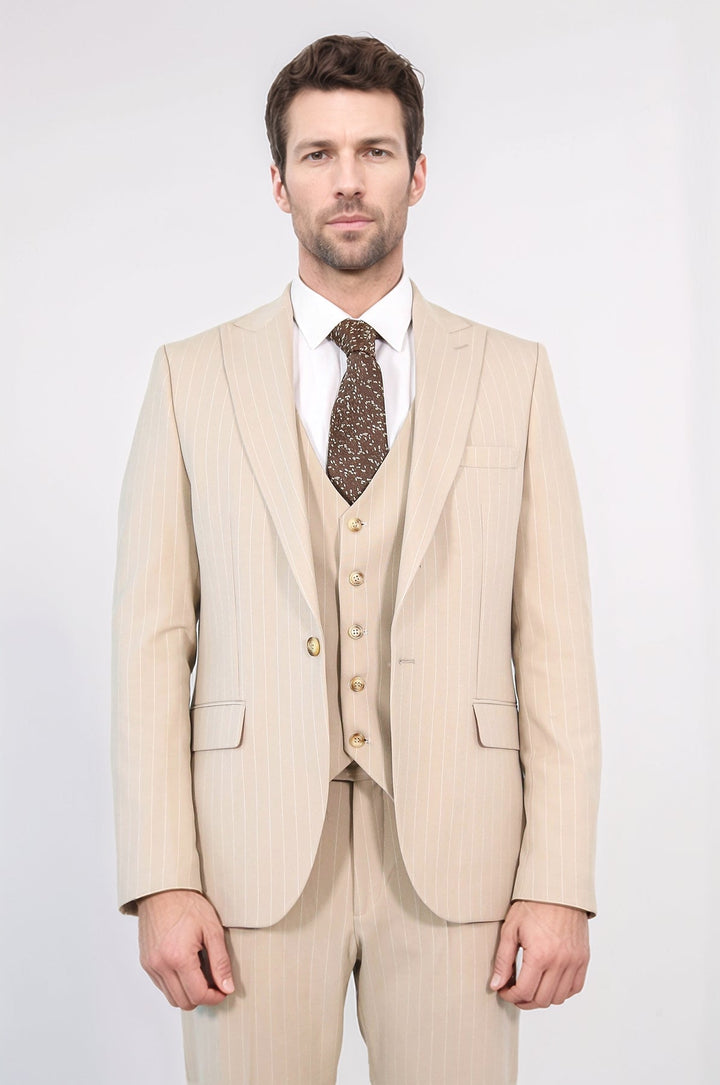 WSS Pinstripe Single Button Vested Cream Men's Suit –  - Burleson