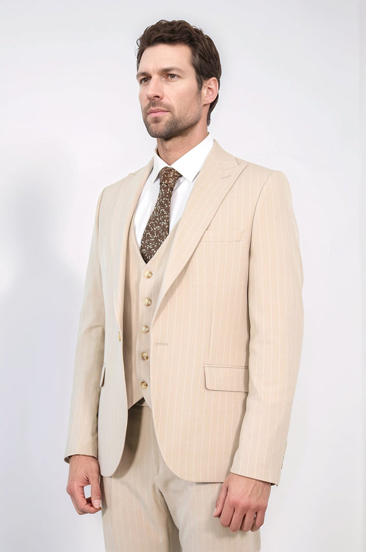 WSS Pinstripe Single Button Vested Cream Men's Suit –  - Burleson