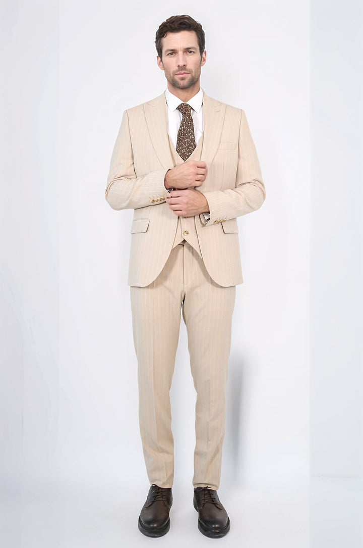 WSS Pinstripe Single Button Vested Cream Men's Suit –  - Burleson