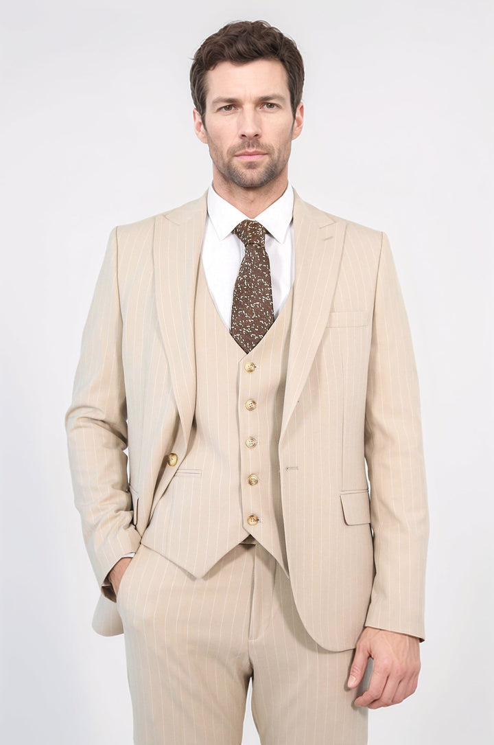 WSS Pinstripe Single Button Vested Cream Men's Suit –  - Burleson