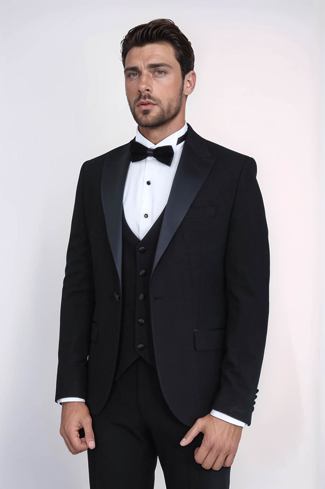 WSS Classic Black Tuxedo Suit with Satin Peak Lapel and Waistcoat –  - San Severo
