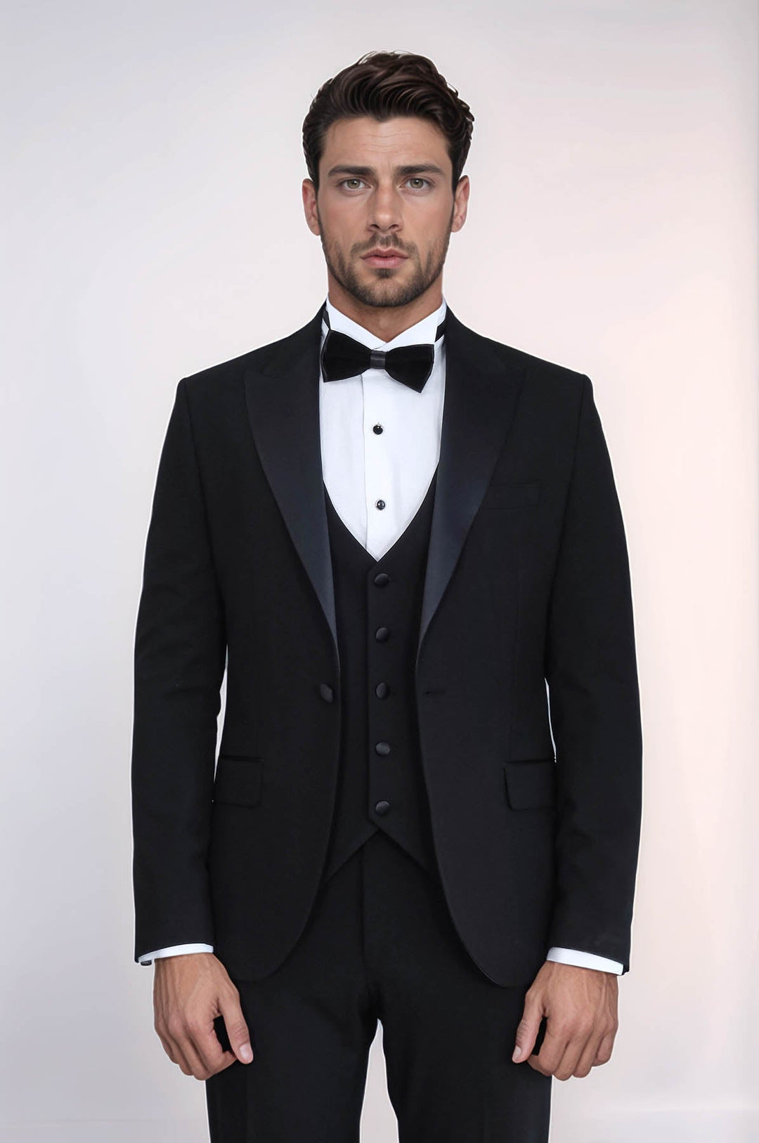 WSS Classic Black Tuxedo Suit with Satin Peak Lapel and Waistcoat –  - San Severo