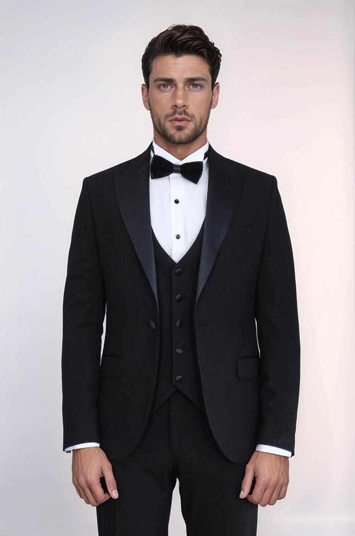 WSS Classic Black Tuxedo Suit with Satin Peak Lapel and Waistcoat –  - San Severo