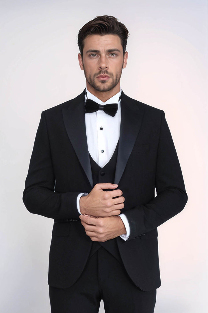WSS Classic Black Tuxedo Suit with Satin Peak Lapel and Waistcoat –  - San Severo
