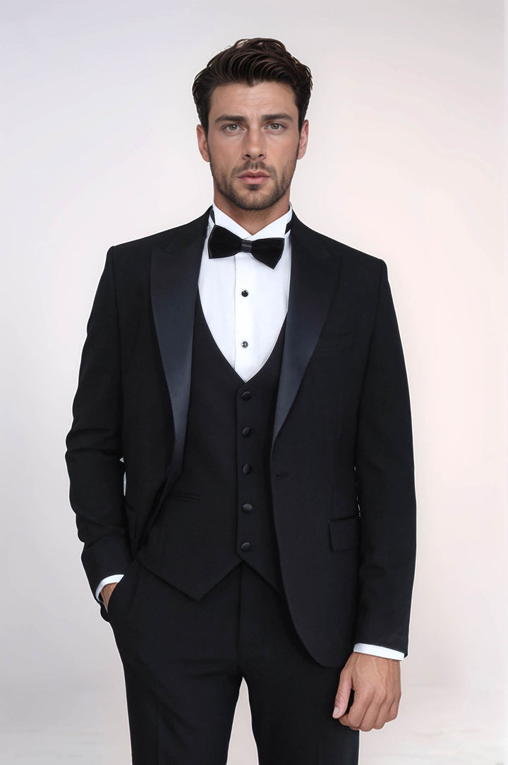 WSS Classic Black Tuxedo Suit with Satin Peak Lapel and Waistcoat –  - San Severo