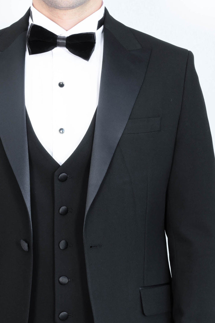 WSS Classic Black Tuxedo Suit with Satin Peak Lapel and Waistcoat –  - San Severo