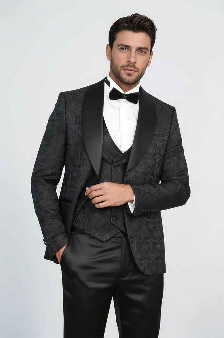 WSS Wavy Patterned Shawl Collar Vested Black Tuxedo  - Águilas