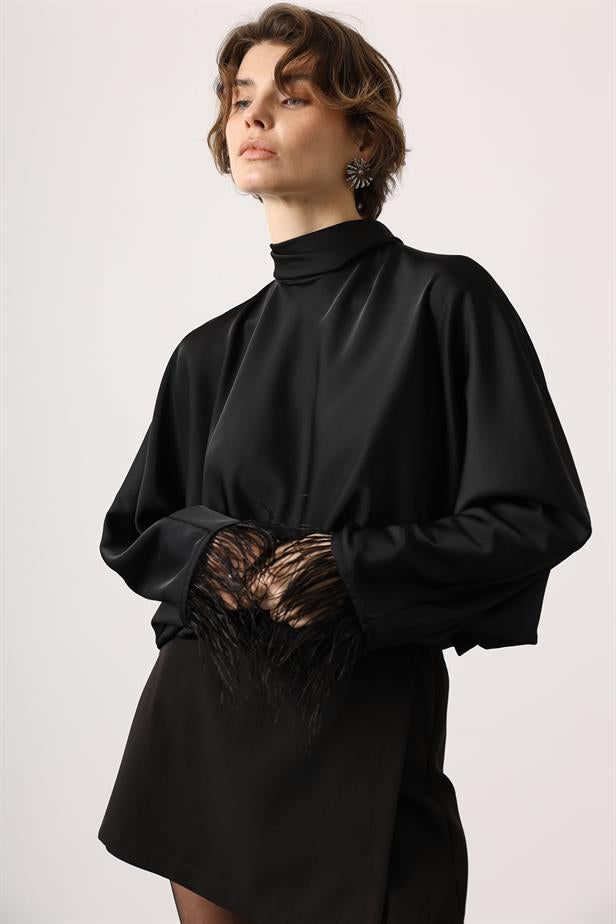 RYN TIED BACK OSTRICH FEATHER BLOUSE - Black - Weimar