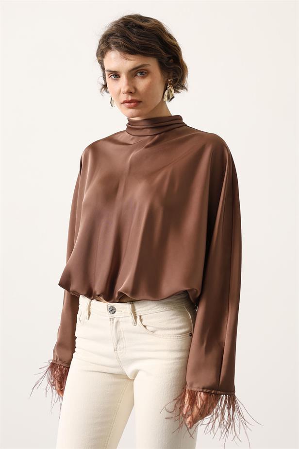 RYN TIED BACK OSTRICH BLOUSE - Brown - Chula Vista