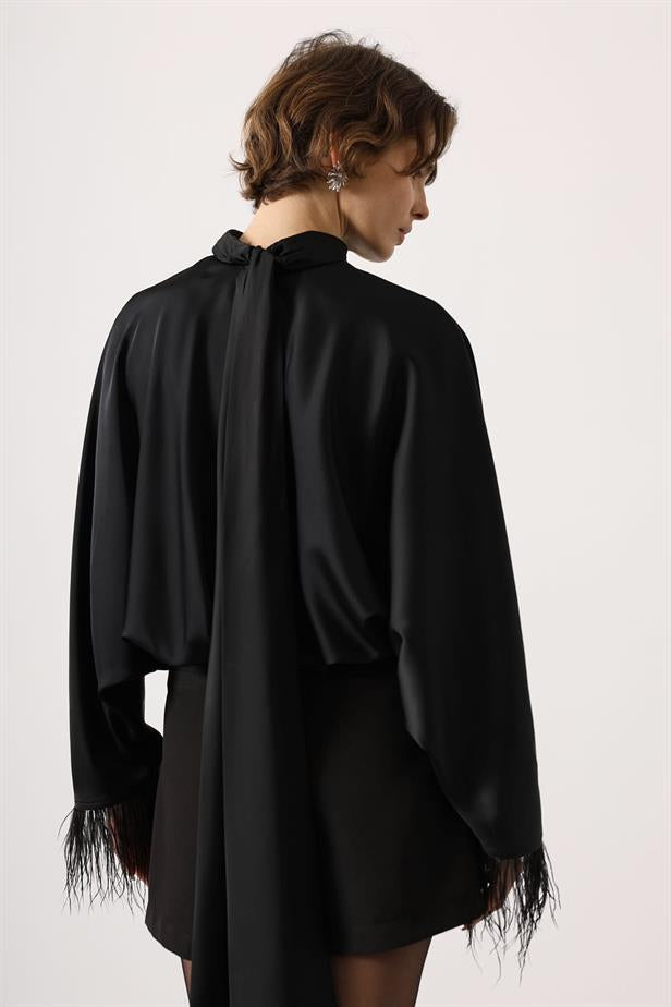 RYN TIED BACK OSTRICH FEATHER BLOUSE - Black - Weimar