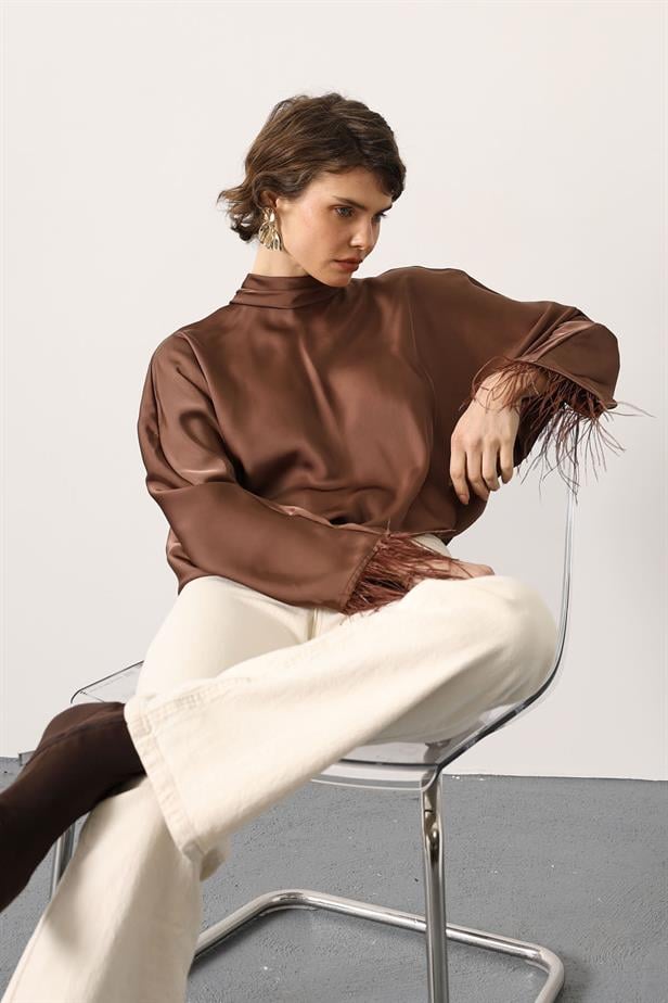 RYN TIED BACK OSTRICH BLOUSE - Brown - Chula Vista