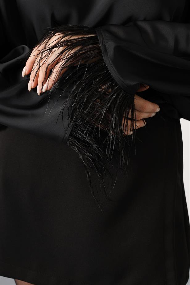 RYN TIED BACK OSTRICH FEATHER BLOUSE - Black - Weimar