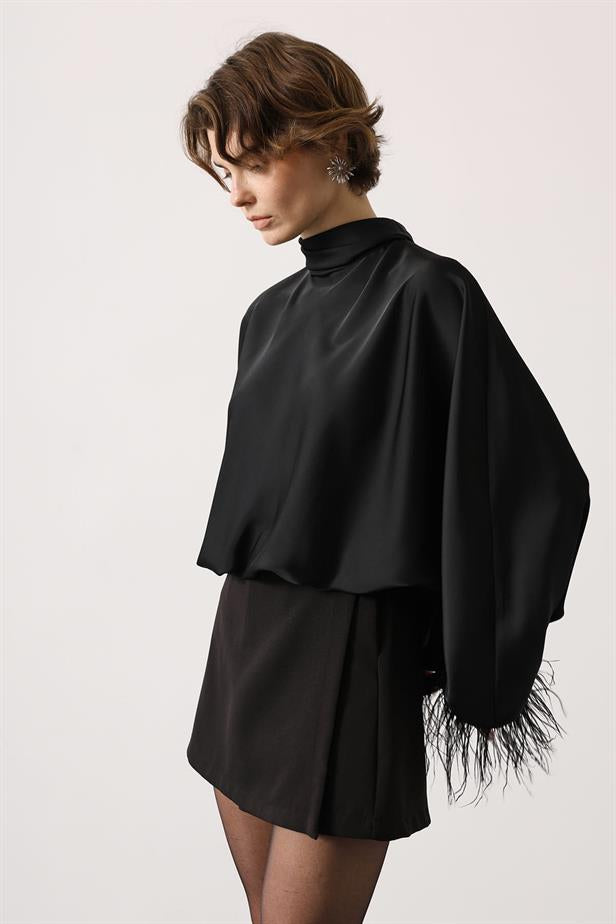 RYN TIED BACK OSTRICH FEATHER BLOUSE - Black - Weimar