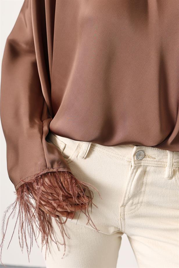 RYN TIED BACK OSTRICH BLOUSE - Brown - Chula Vista