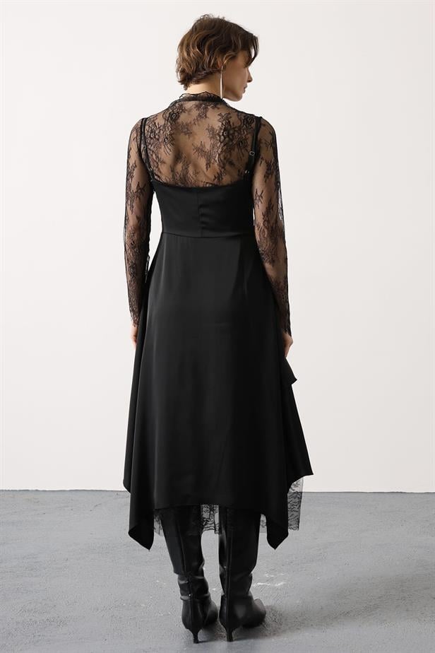 RYN ASYMMETRIC LACE DETAIL SATIN DRESS - Black - Del Rio