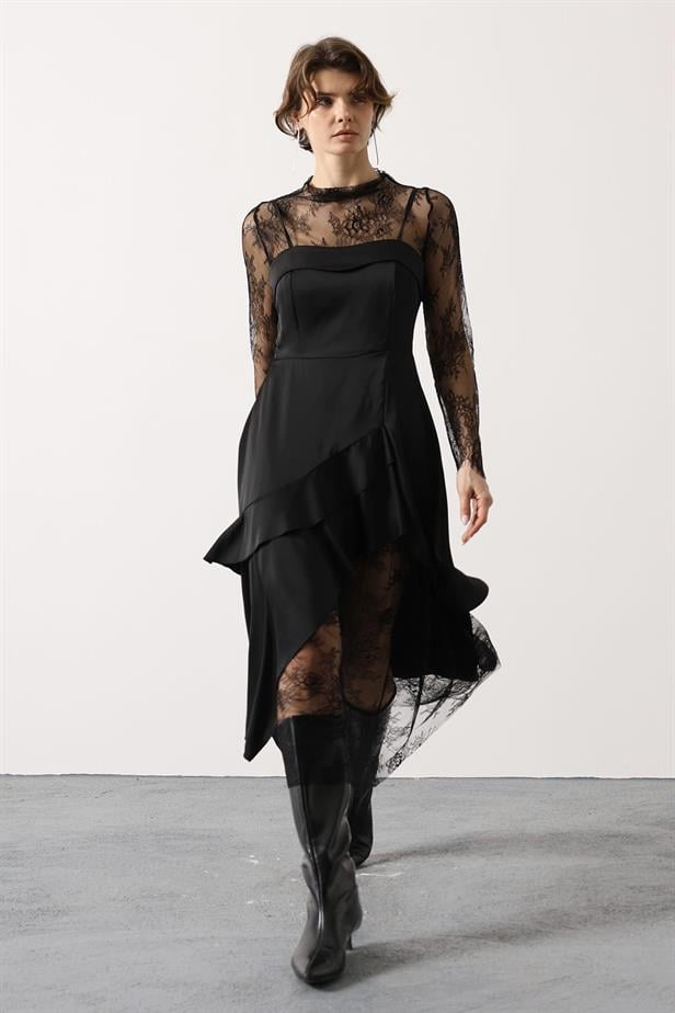 RYN ASYMMETRIC LACE DETAIL SATIN DRESS - Black - Del Rio
