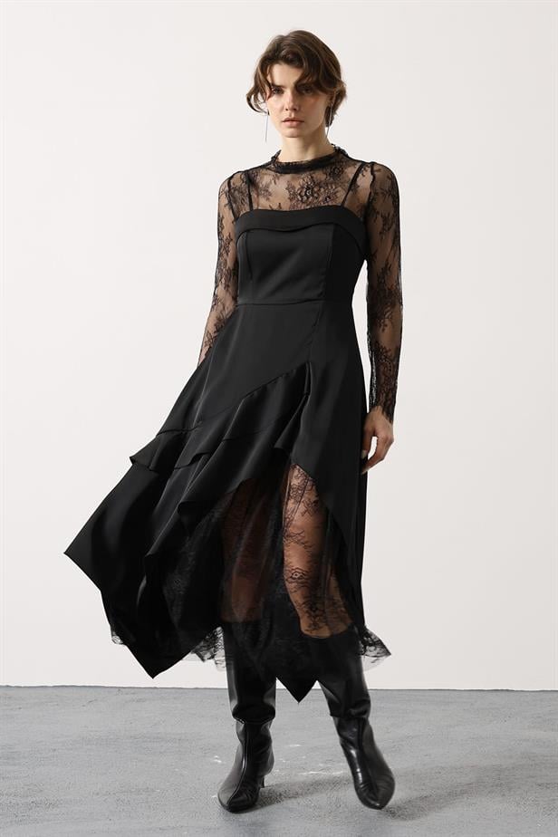 RYN ASYMMETRIC LACE DETAIL SATIN DRESS - Black - Del Rio