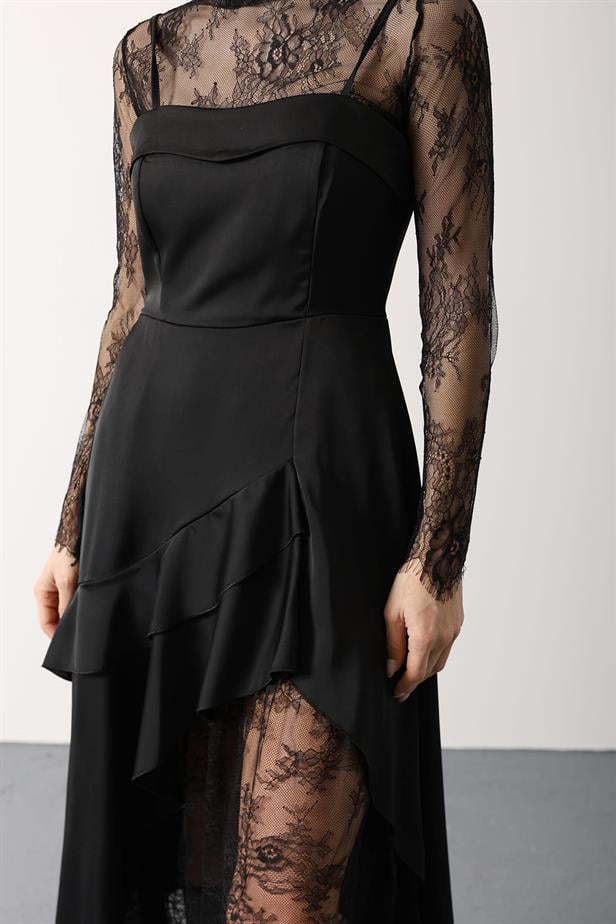 RYN ASYMMETRIC LACE DETAIL SATIN DRESS - Black - Del Rio