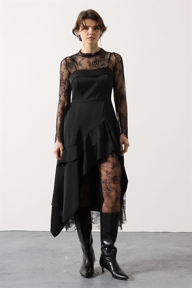 RYN ASYMMETRIC LACE DETAIL SATIN DRESS - Black - Del Rio