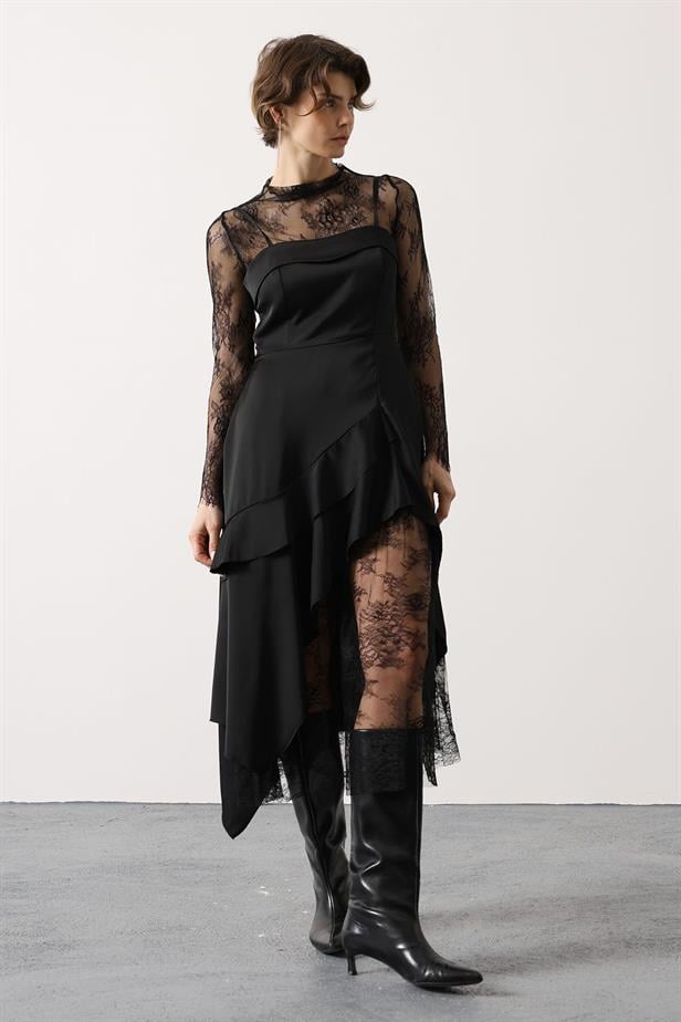 RYN ASYMMETRIC LACE DETAIL SATIN DRESS - Black - Del Rio