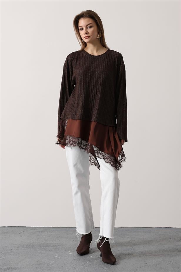 RYN ASYMMETRIC LACE BLOUSE - Brown - Casa Grande