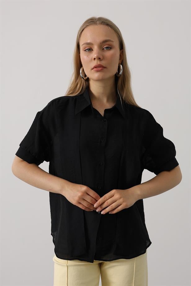 RYN Scarf Detailed Half Sleeve Shirt - Black - Pozzuoli