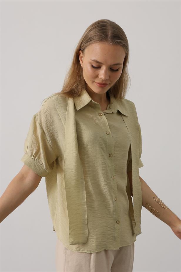 RYN Scarf Detailed Half Sleeve Shirt - Olive Green - Six-Fours-les-Plages