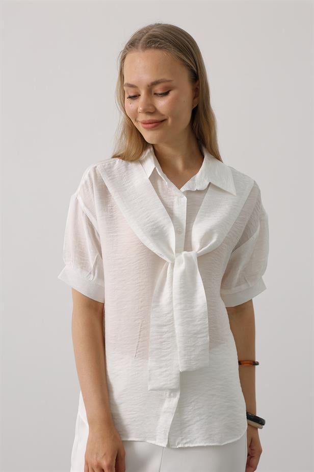 RYN Scarf Detailed Half Sleeve Shirt - White - Brunswick