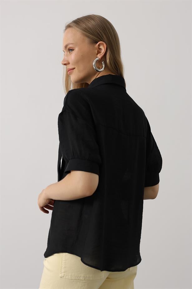 RYN Scarf Detailed Half Sleeve Shirt - Black - Pozzuoli